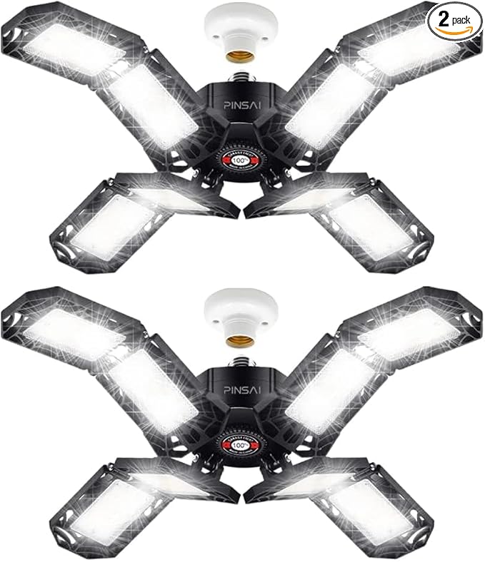 2 Pack LED Garage Light,Super Bright Screw in E26/E27 Ceiling Shop Work Lamp, 200W 20000 Lumen Deformable Basement Bulb Fixture with 8 Adjustable Panels
