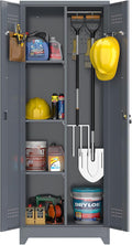 GREATMEET 65" H Metal Garage Storage Cabinets with Lock Door and Adjustable Shelves,Grey Broom Closet Storage Cabinet for Cleaning Supplies for Garage, Bathroom,Kitchen,Home