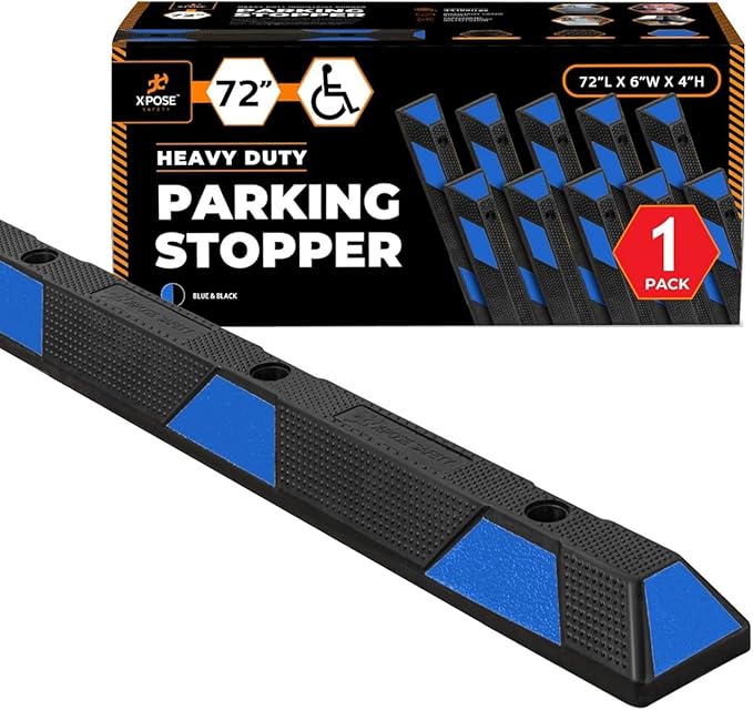 Xpose Safety Parking Stopper for Garage - Heavy Duty Rubber Car, Bumper Stop for Floor, Blue Reflective Strips, Removable Driveway, Ramp Wheel Block for Cars (72" - Pack of 1)
