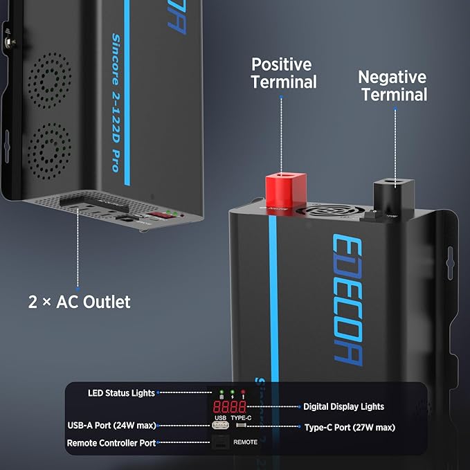 EDECOA Pure Sine Wave Inverter 1200W 12V DC to 110V AC Power Inverter with USB Port and Type-C Port 2 AC Outlets Remote Control LED Display for RV Car Boat Household