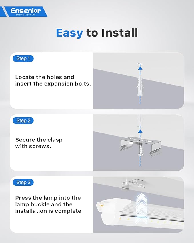 Ensenior 4 Pack 4 FT Led Shop Lights, 6000K Clear White, 5000LM Super Bright, 36W Equivalency 468W, Commercial Bay Lighting, U-Shaped Linkable Shop Lights Plug in for Garage, Workshop, FCC Certified