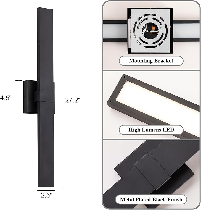 2-Pack Modern Outdoor Wall Light Exterior Black LED Patio Wall Light Fixture 27.2" Exterior Wall Sconce Outdoor Porch Lights for House