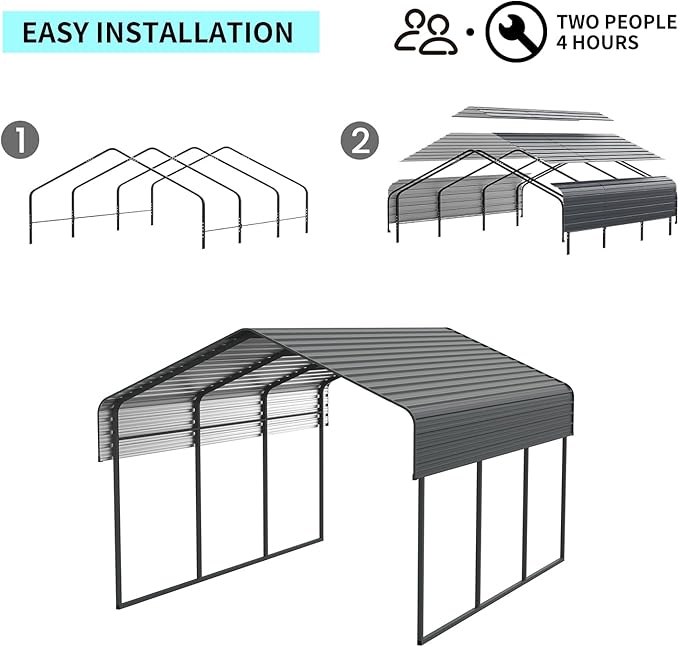 10x15 FT Metal Carport, Heavy Duty Car Port Canopy with Galvanized Steel Roof & Frame, Large Metal Carport Kit, Steel Car Shelter, Outdoor Car Garage for Car, Boat, Truck, Black