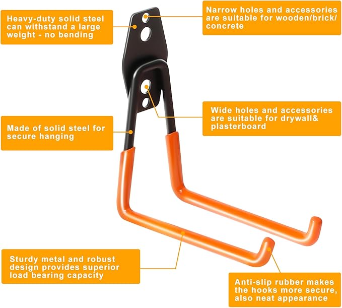 KURUI Heavy Duty Wall Hook for Tool/Water Hose, Garden Hose Holder Wall Mount for Indoors Outside, 2 Pack Garage Storage Hanger for Hanging Shovel/Ladder/Extension Cord, Metal Utility Hook Organizer