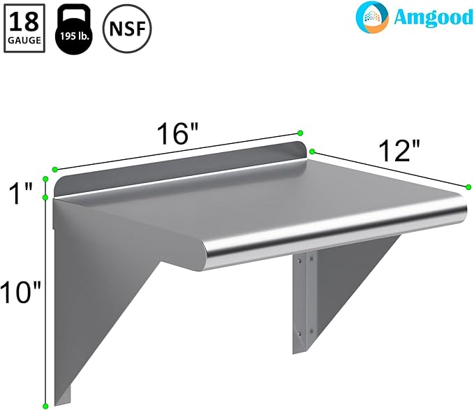 AmGood 12" X 16" Stainless Steel Wall Shelf | Metal Shelving | Garage, Laundry, Storage, Utility Room | Restaurant, Commercial Kitchen | NSF