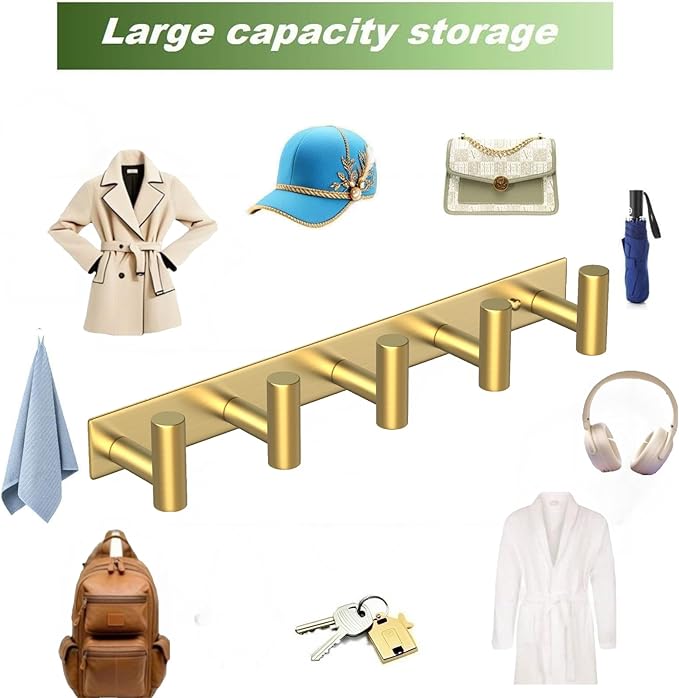 Wall Mounted Coat Rack-5 Hooks, Heavy Duty Stainless Steel Hook Rail for Towel Coat Hat Purse Bag Jacket, Towel Hooks for Entryway Bathroom Kitchen (Gold 5 Hooks - 1 Pack)