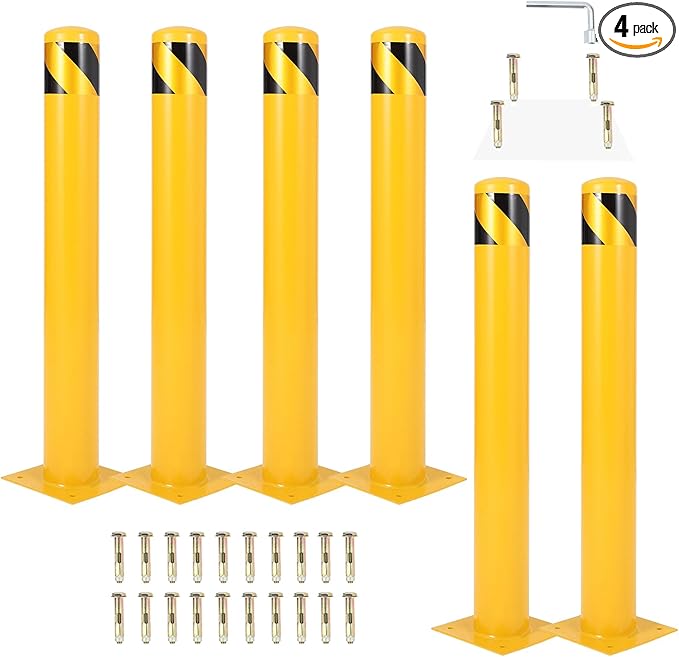4.5x48 Inch Safety Bollard Post - Yellow Steel Bollard with Anchor Bolts (4-Pack) for Parking Lots, Walkways & Traffic Areas