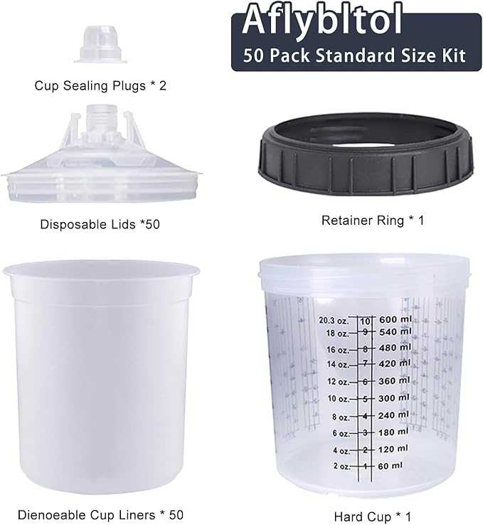 Disposable Paint Sprayer Mixing Cup for Automotive Paint Gun, HVLP Paint Spray Paint Gun 20 Ounce (600ml) Kit with 50 Cups and Lids System, 1 Hard Cup with Retainer Ring and 10 Plugs