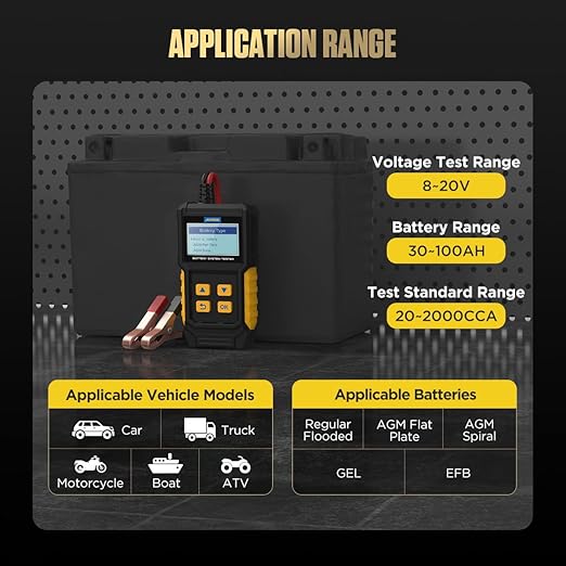 12V Car Battery Tester, 20-2000 CCA Load Tester Automotive,Charging & Cranking Analysis for Motorcycle, Truck, Boat, RV, Marine & More