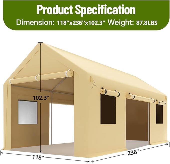 10 x 20ft Heavy-Duty Carport with Roll-Up Windows & Removable Sidewalls & Doors Thickened Wind Ropes, Ground Nails, Portable Car Tent Garage for Cars, Trucks, Boats, 180G Durable Tarp Cover,Yellow