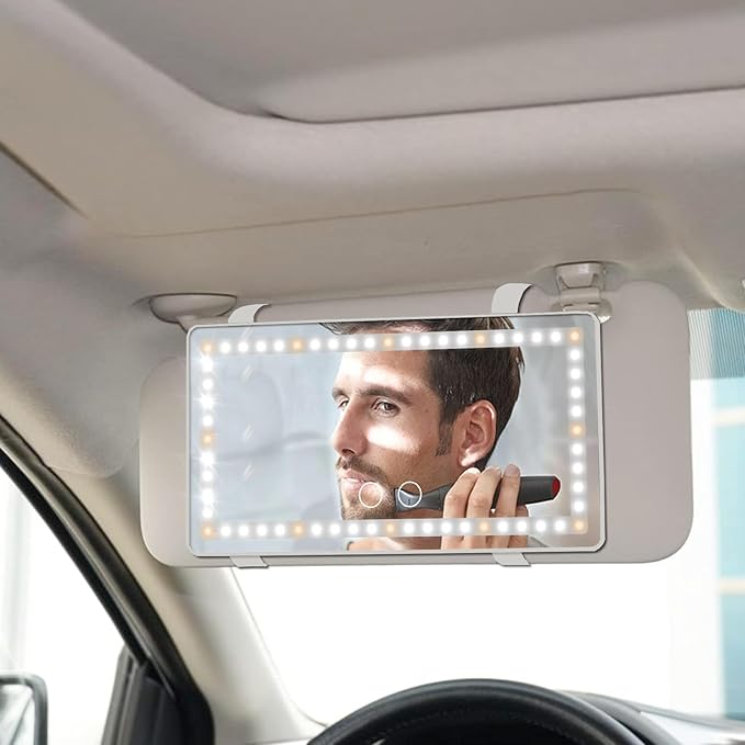 Car Sun Visor Vanity Mirror, Rechargeable Makeup Mirrors with 3 Light Modes & 60 LEDs- Dimmable Clip-on Rear View Sun-Shading Cosmetic Mirror with Touch on Screen, Universal for Truck SUV(Grey)