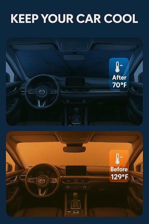 Proadsy Windshield Sun Shade Umbrella for Mazda CX-5 2017-2025 Foldable Car Umbrella Sunshade with Soft TPU Handle Spring Structure Crystal Cooling Material Protect Car from Rays & Heat