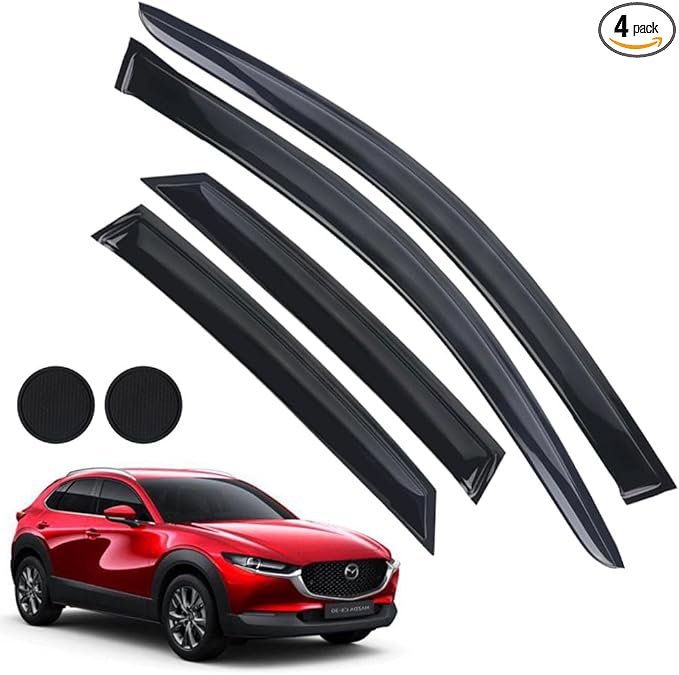 Rain Guards for Mazda CX-30 2020-2023, Tape-on Side Window Deflectors for Mazda CX-30, Window Visors for Mazda Cars, for Mazda Car Accessories 4 Rain Guards ＆ 2 Car Coasters