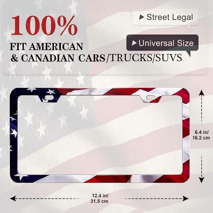 2Pack US Flag License Plate Frames- Heavy Duty Rustproof Flag License Plate Tag Holder Bracket Fits All US States with Screws Included