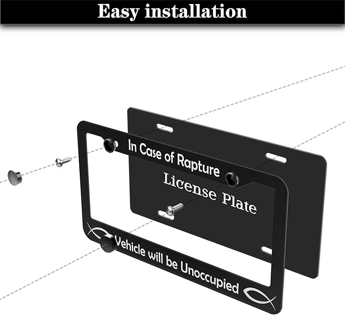 License Plate Frames Black and White License Plate Frame in Case of Rapture Vehicle Will Be Unoccupied Aluminum Metal Car Accessory 2 Pack with Screw Covers Set