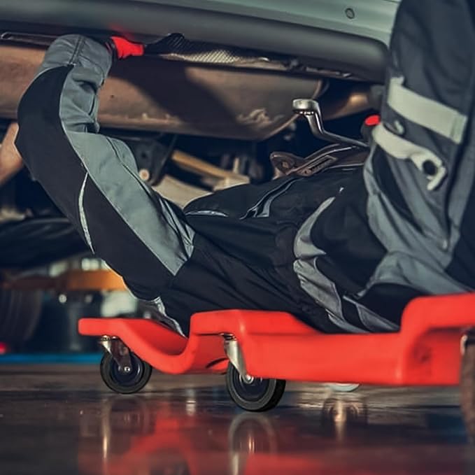 Magshion Mechanic Creeper with Padded Headrest and Tool Tray, 330 lbs Capacity Rolling Garage Shop Creeper with 6 Wheels, Lightweight and Portable Automotive Creeper (Red)