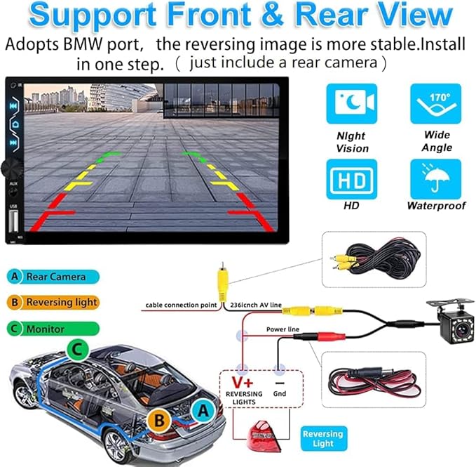 Double Din Car Stereo with Wireless Carplay and Wireless Android Auto,7 Inch Full HD Touchscreen Car Stereo Receivers Support Mirror Link,Bluetooth, Backup Camera,Steering Wheel,FM/USB/AUX/Subwoofer