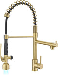Fapully Single Handle High Arc Brushed Gold Pull Down Kitchen Faucet LED,Single Level Kitchen Sink Faucets with Pull Down Sprayer