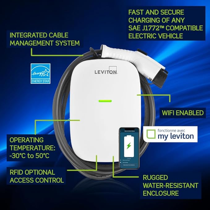 Leviton Level 2 Smart EV Charger with Wi-Fi, 48 Amp, 208/240 VAC, 11.6 kW Output, 18' Cable, Indoor/Outdoor Hardwired EV Charging Station, My Leviton Compatibility, EV48W EVSE