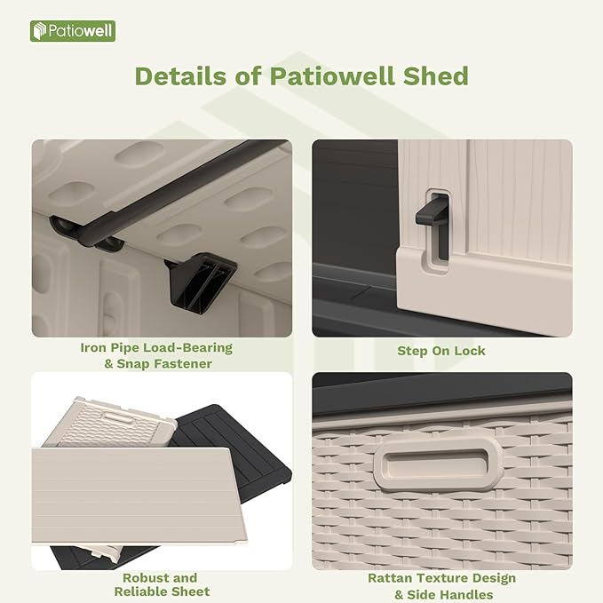 Patiowell 26 cu.ft Plastic Outdoor Storage Shed, Lockable Waterproof Resin Outdoor Storage Cabinet Tool Shed for Garden Tools, Garbage Cans, Pool Supplies, Beige(Not Include Shelves)