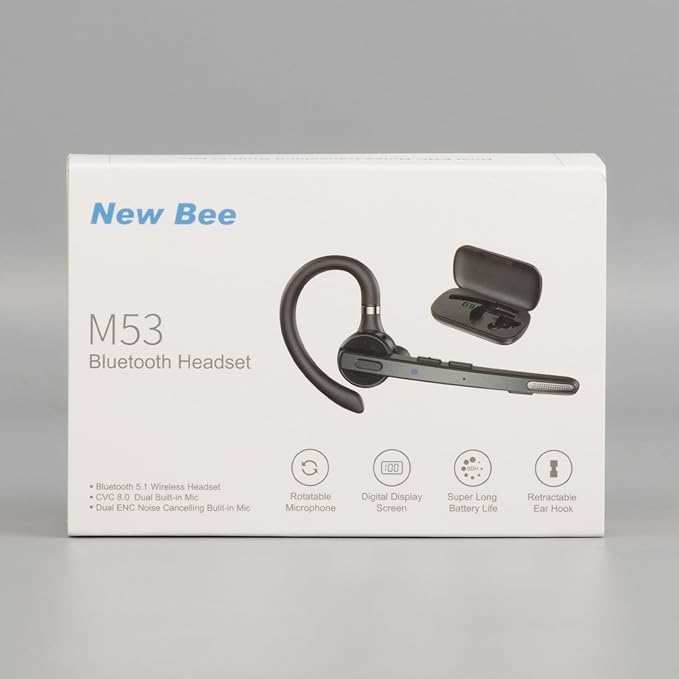 New bee Bluetooth Headset, 72H Talktime Wireless Bluetooth Earpiece for Cellphone with 500mah Charging Case V5.1 Dual Mic Noise Cancelling Hands-Free Earphones for Office Driver