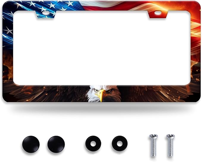 American Flag Bald Eagle License Plate Frame Patriotic License Plate Frames for Car Decorative Parts Stainless Stee License Plate for Standard Us Canada Funny License Plate Holder 12x6 Inch Unisex