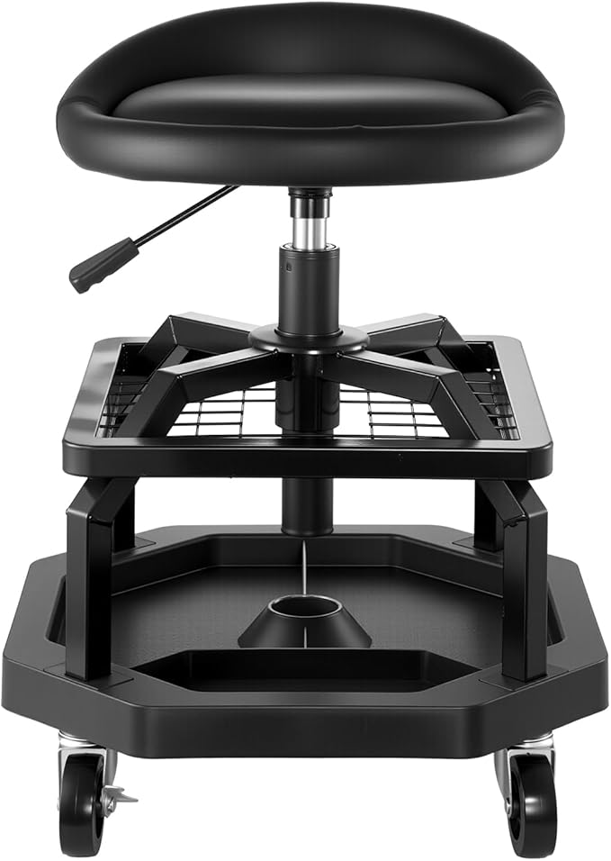 VEVOR Industrial Black Pneumatic Garage Seat/Work Stool with 300 lbs Capacity, Adjustable Height Roller Creeper Seat, 360 Swivel Padded Workshop Stool with Casters, for Garage, Shop & Auto Repair