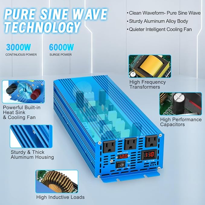 LVYUAN 3000 Watt Pure Sine Wave Inverter 12V to 110V 120V DC to AC with 3 AC Sockets, LED Display, Wireless Remote Control, Car Power Inverter for Vehicles Home RV Camping Truck Solar System