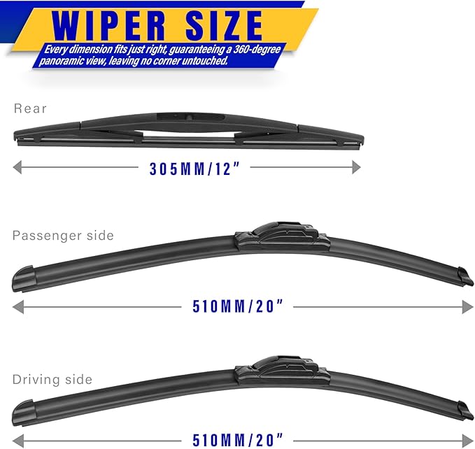 3 wipers Replacement for 2003-2009 Honda Element/2009-2014 Nissan Cube, Windshield Wiper Blades Original Equipment Replacement - 20"/20"/12" (Set of 3) U/J HOOK