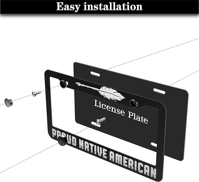 License Plate Frames Black and White License Plate Holder Proud Native American Universal Aluminum Car Accessory 2 Pack with Screw Covers Set