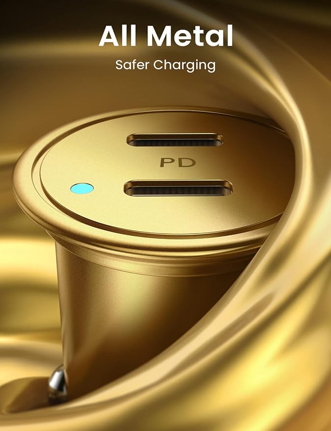 AINOPE Super Fast USB C Car Charger, 56W Fast Charging, Smallest All Metal 12V Car Charger USB C Fit for iPhone 16 Pro Max, Galaxy S24, 2024 iPad Pro - Gold
