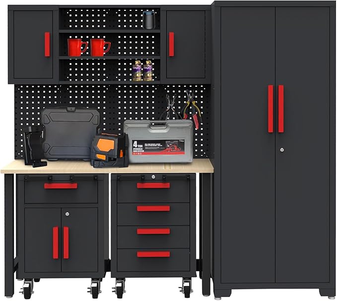 6-Pcs Garage Storage Cabinet System: Workshop Set with Steel Cabinet Drawers, Rolling Chest, Workbench, Pegboard for Tool Organization