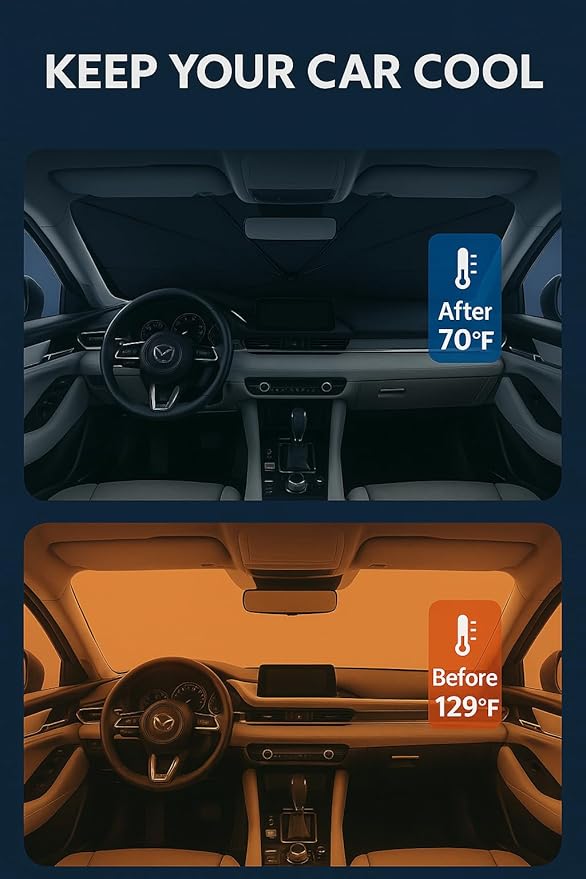 Proadsy Windshield Sun Shade Umbrella for Mazda 3 2019-2025 2026 Foldable Car Umbrella Sunshade with Soft TPU Handle Spring Structure Crystal Cooling Material Protect Car from Rays & Heat