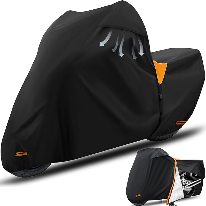 Motorcycle Cover,Waterproof Zipper Outdoor Cover for All Seasons Windproof, High Heat Resistance Dustproof and Rainproof Snowproof(Orange Zipper L Fits Up to 91 inch)