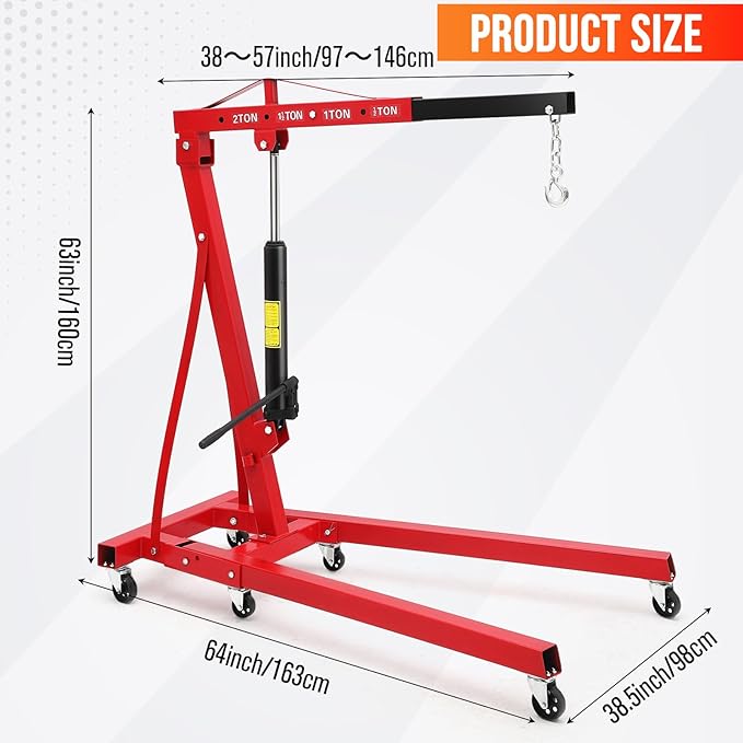 2 Ton Hydraulic Engine Hoist with Lever Stabilizer, Cherry Picker Engine Hoist, 4400LBS Heavy Duty Garage Crane with 6 Swivel Casters & Adjustable Telescopic Boom, for Auto Repair & Workshop (Red)