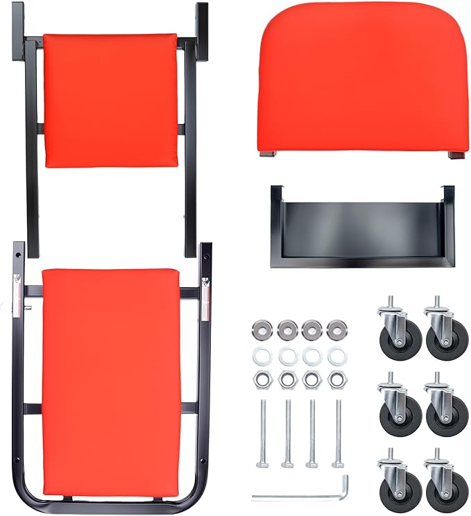 Mechanic Creeper 40 inches 2-in-1 Mode Z Seat with Tool Tray, 480lbs Capacity, Foldable Garage Adjustable Rolling with 6pcs Roller, Lay Down Sit Lean Back, Under Car Auto Repair Men Gift, Red