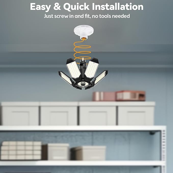 LED Garage Light Super Bright 15000LM LED Shop Lights 6500K Garage Lighting, 360° & 180°Adjustable Basement Lights with 6 Deformable Panels Screw in E26/E27 Socket for Workshop Storage Barn Attic