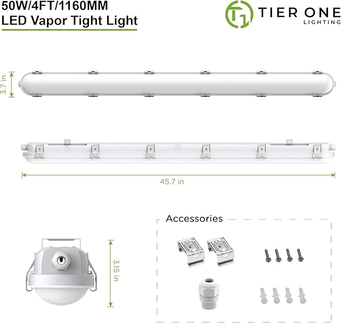 TIERONE 4ft LED Vapor Tight Light 50W Outdoor Shop Light IP65 Waterproof 0-10V Dimmable Integrated LED White Strip Lighting Fixture for Warehouses Car Washes 5000K 100-277V 6000LM ETL Listed 4 Pack