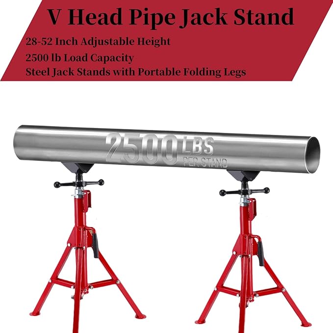 Towallmark V Head Pipe Jack Stand,28-52 Inch Adjustable Height,1/8"-12" Capacity, 2500 lb Load Capacity,Heavy Duty Carbon Steel Body, Steel Jack Stands with Portable Folding Legs