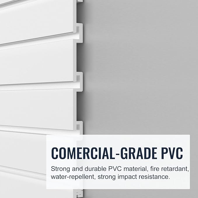 Slatwall Panel Garage Organizer PVC Slatwall Heavy Duty Wall Mounted Rack, Interlocking Slat Wall Panels for Tool Organization Peg Board(White 4 x 4 ft)