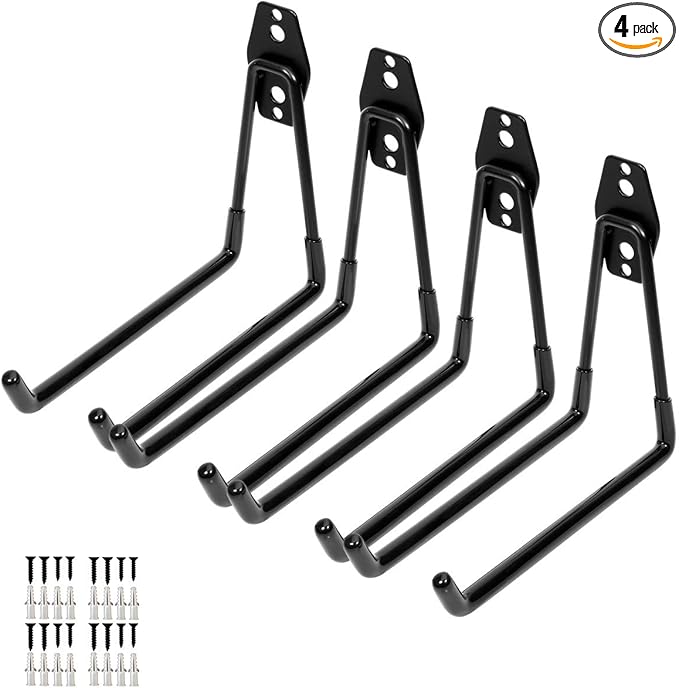 Wall Mount Heavy Duty Double Utility Tools Hooks with Anti-Slip Coating for Garage Storage Organizer Shovels Chair Hose, Pack of 4