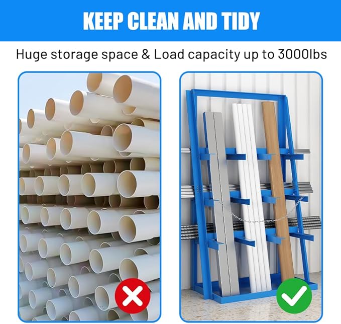 Yeeoy Steel Vertical Bar Rack, Lumber Storage Rack with Safety Chain, Heavy Duty Long Parts Storage Rack, Pipe Organizer Shelf for Garage Workshop Factory, 3000 LB Capacity, Blue