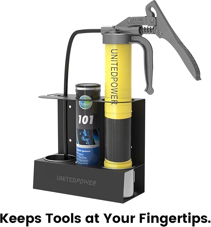 UNITEDPOWER Grease Gun Holder, Wall Mount Grease Gun Storage Rack, Organizer for Workshop, Shop, Garage with Removable Drip Cups & Spare Cartridge Holder
