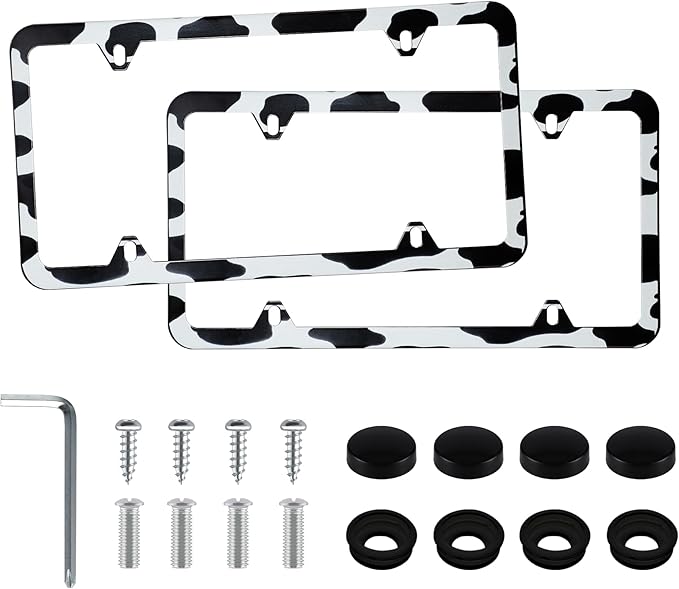 LivTee 4 Holes Stainless Steel License Plate Frames, 2 PCS Car Licence Plate Covers, Automotive Exterior Accessories Slim Design with Bolts Washer Caps for US Vehicles, Cow Spot