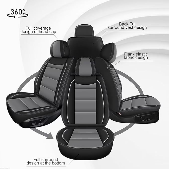 YORKNEIC Leather Car Seat Covers Fit for Hyundai Kona 2018-2025: 5 Seats Full Set Seat Covers - Waterproof Auto Seat Protector Compatible Airbag (Black&Grey)