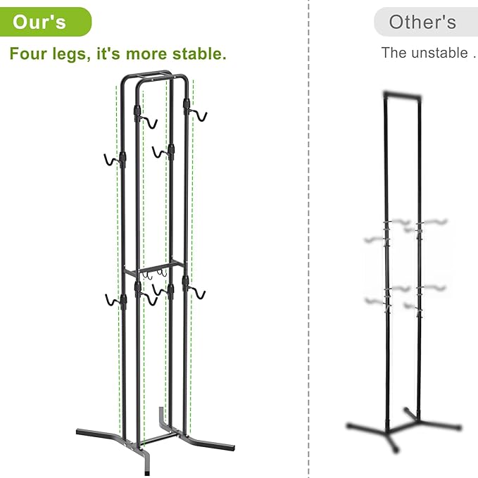 Dolibest 4-Legged Bike Racks Stands with Flexible Hooks, Heavy-Duty Floor Standing Bicycle Rack for Up to 4 Bikes, with 8 Adjustable Height and Angle Hooks, Easy to Install for Any Style Bicycle