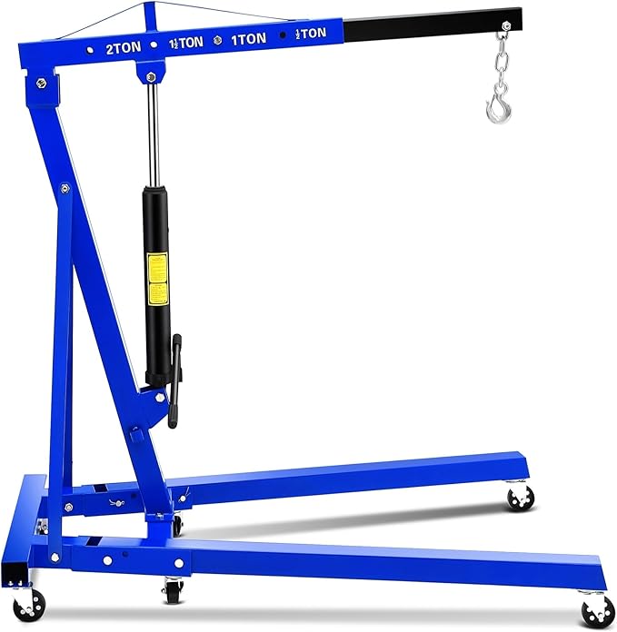2 Ton Engine Hoist, Hydraulic Cherry Picker Engine Hoist Lift, 4400LBS Heavy Duty Crane Lifter with 6 Casters and Telescopic Boom, Foldable & Portable Design, for Garage, Workshop, Warehouse (Blue)