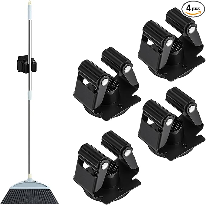 4 Pcs Magnetic Broom Holder, Mop and Broom Holders Wall Mount Heavy Duty Anti-Slip Magnetic Tool Holder with Rubber Grippers for Garage Laundry Kitchen RV Accessories