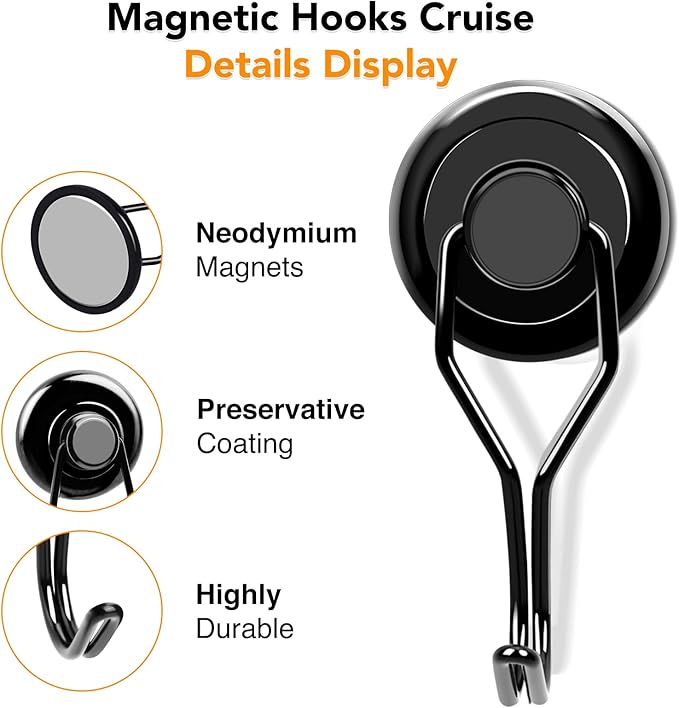 MIKEDE 110 LBS Black Magnetic Hooks, 6 Pack Swivel Swing Magnet Hooks Heavy Duty, Strong Neodymium Magnets Hanger for Hanging, Grill, Cruise Cabins - 32mm(1.26in) in Diameter