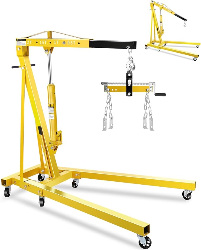 2-Ton Folding Engine Hoist with Lever, Hydraulic Shop Crane with 6 Swivel Wheels & Adjustable Boom (0.5T-2T), Heavy-Duty Cherry Picker for Garage, Workshop, Truck, Farm (Net Wt. 168 lbs)